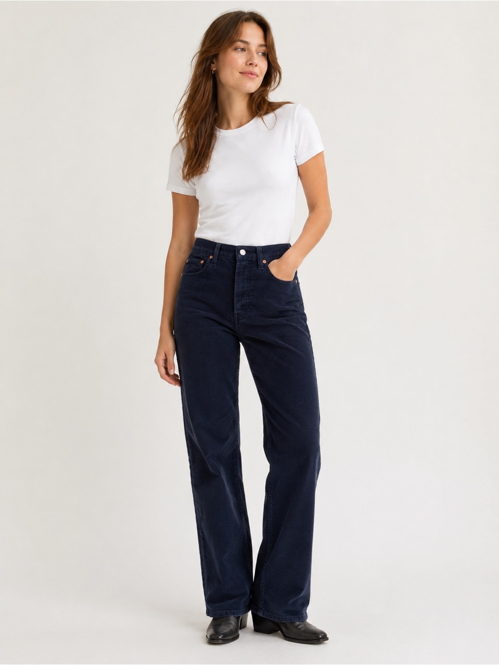 Levi’s Ribcage Straight Leg High Waisted Corduroy Pants 27 Navy Blue Classic